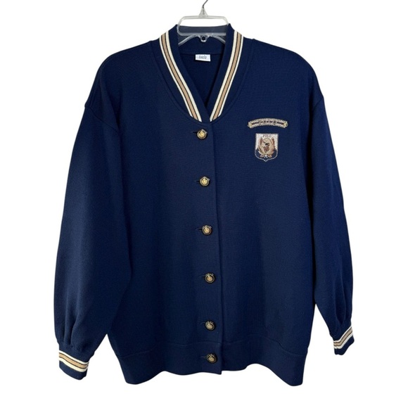 Vintage Sweaters - Vtg “Polo” Varsity Cardigan Sweater Size 40 = Large Navy Blue Equestrian Prep